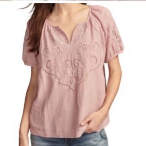 Lucky Brand Short Sleeve Cutwork Cotton Peasant Blouse.
